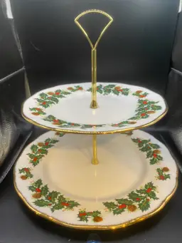 Queen's Rosina China Yuletide Bone China 2 Tier Handled Tidbit Serving Tray 10”