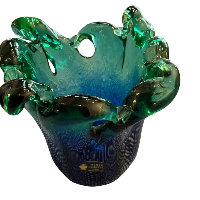Lovely Cobalt Blue And Green Art Glass White Cristal Vase Handmade In Italy 5”x 5”-GLOWS