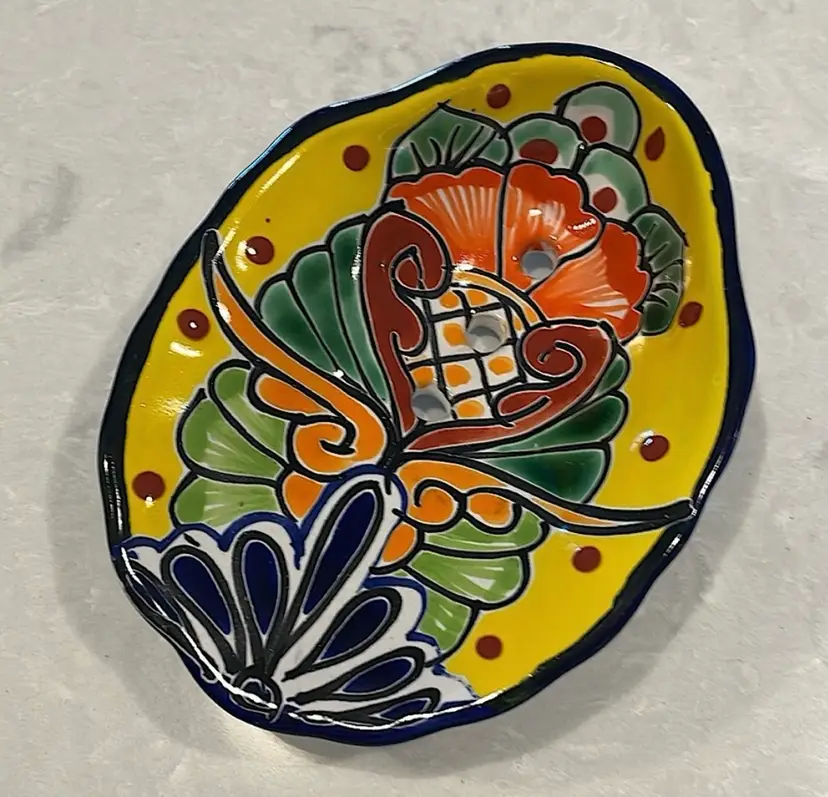 Mexican pottery, hand painted, colorful, glazed, footed, sponge/soap dish with holes for airflow