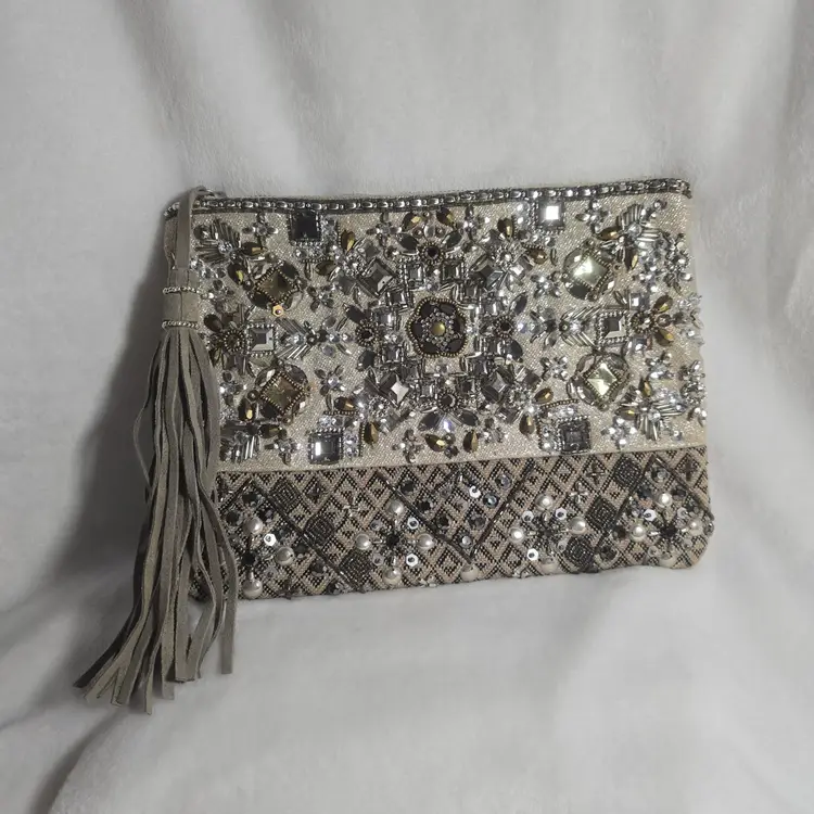 Chico’s Beaded Rhinestone Evening Clutch – Gold w/ Tassel