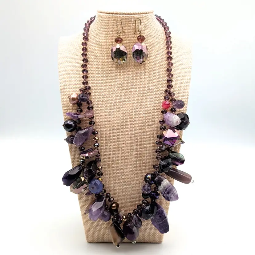 Vtg Amethyst Beaded Double Strand Necklace and Earrings Magnetic Clasp