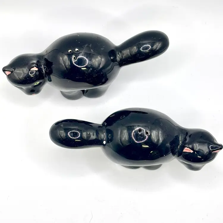 Pair of Black Scaredy Cat Salt and Pepper Shakers 3”