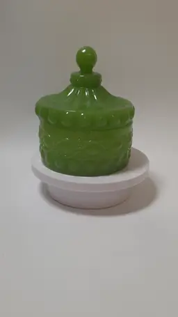 Vintage Mosser Eye Winker Lidded Candy Dish Opalescent Green Possible Marriage