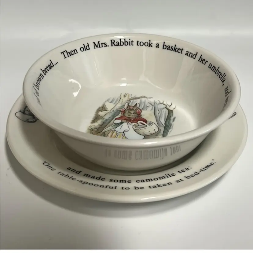 Wedgwood- 1993- Beatrix Potter- Peter Rabbit Bowl & Plate Set – Mrs. Rabbit & Peter Rabbit, 5.75” Bowl, 6.75” Plate-