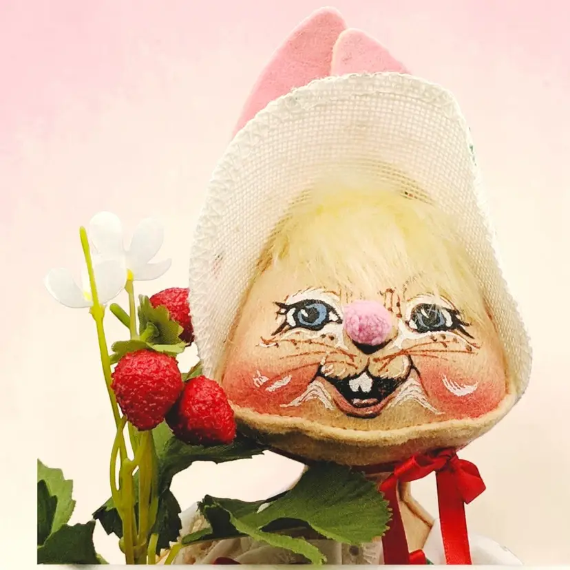 Vtg Annalee Strawberry Bunny Rabbit 1990 Easter Spring White Eyelet Outfit Doll