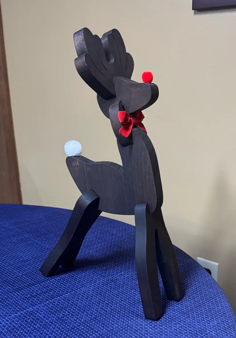 Wooden Handmade Reindeer Rudolph Christmas Figurine Decor 16” tall vintage