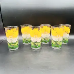 Vintage Yellow & White Flower Drinking Juice Glasses Set of 6