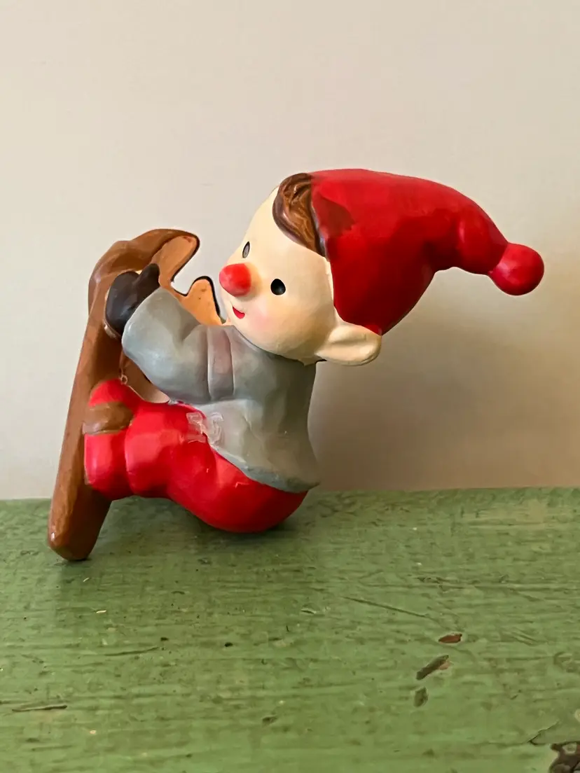 Vintage Skiing Elf Candle Hugger. CCCC Korea. Cute Retro Holiday Decor