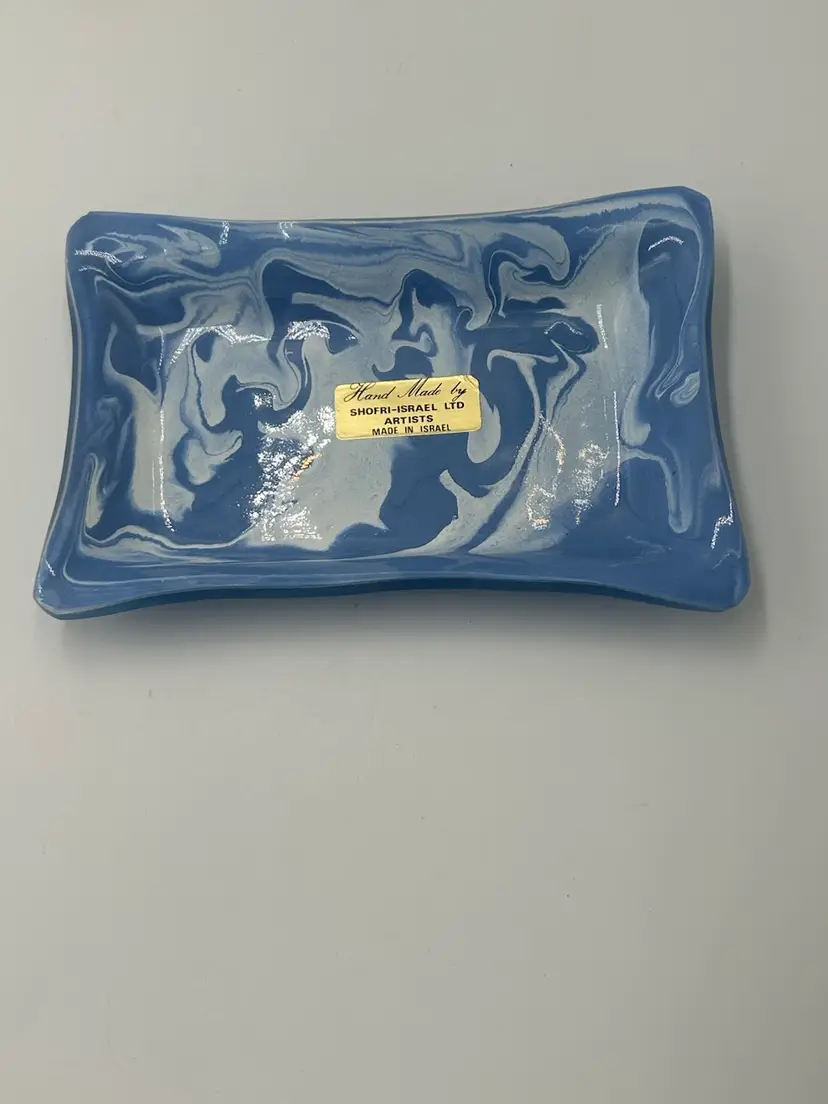 Vintage Art Glass Trinket Dish/tray Shofri Israel Blue & white Swirl Fused Glass