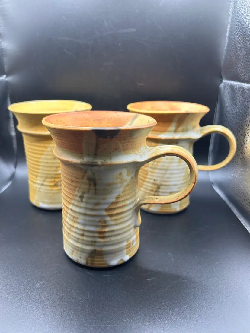 Three Studio Pottery, Orange Drip Glazed Coffee/Tea Mugs Signed