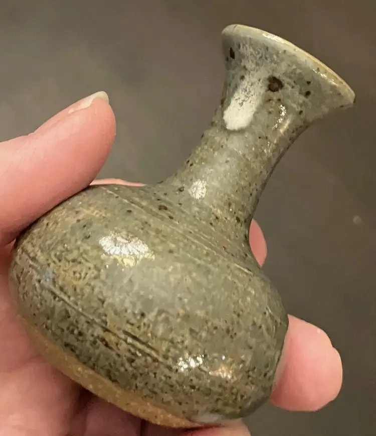 Studio Pottery Small Bud Vase Green Speckled Glaze Signed
