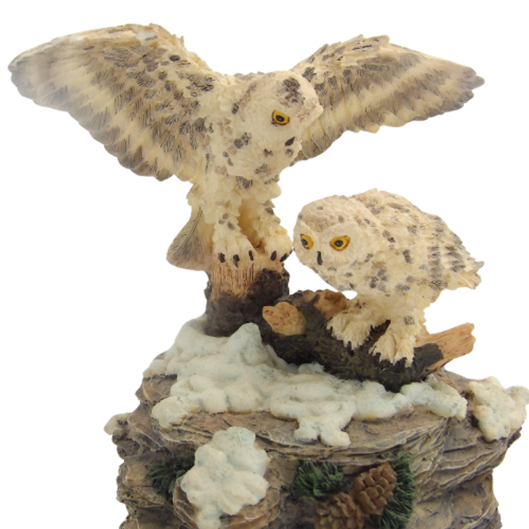Resin Mother and Baby White Owl Wind Up Music Box