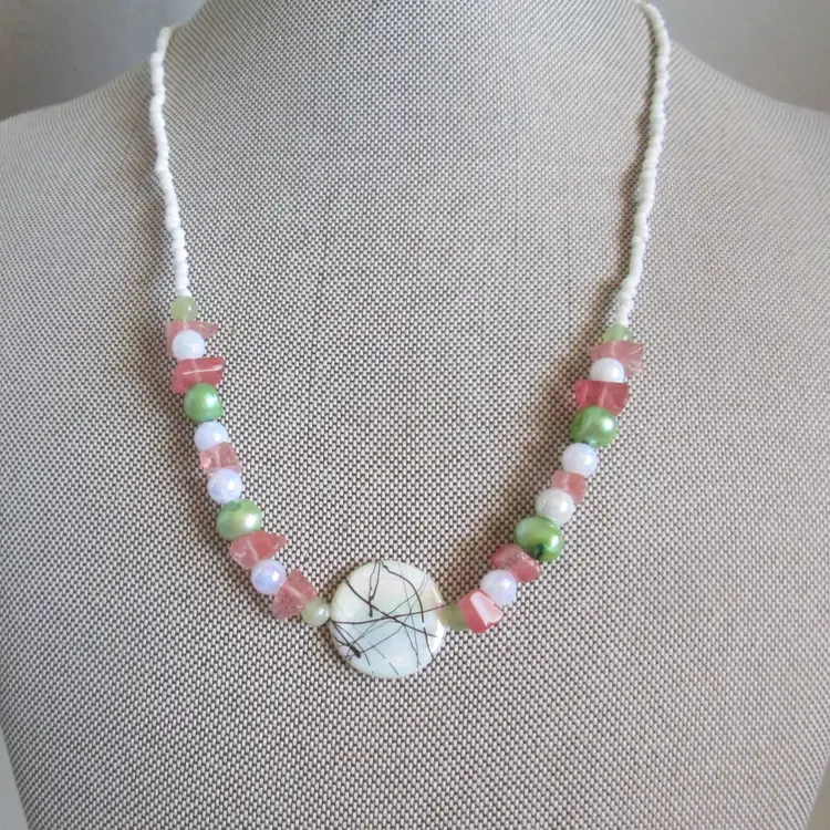 Vintage Upcycle Necklace with Real Pearls, Rose Quartz and Mother of Pearl