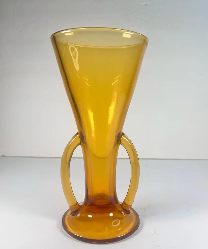 Vintage Amber Yellow Imperial GLASS Fluted Vase With Handles