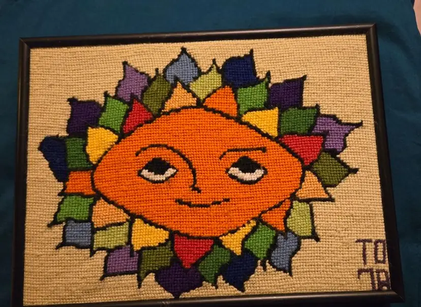 Vintage Cross Stitch Sun Colorful Framed  8X10