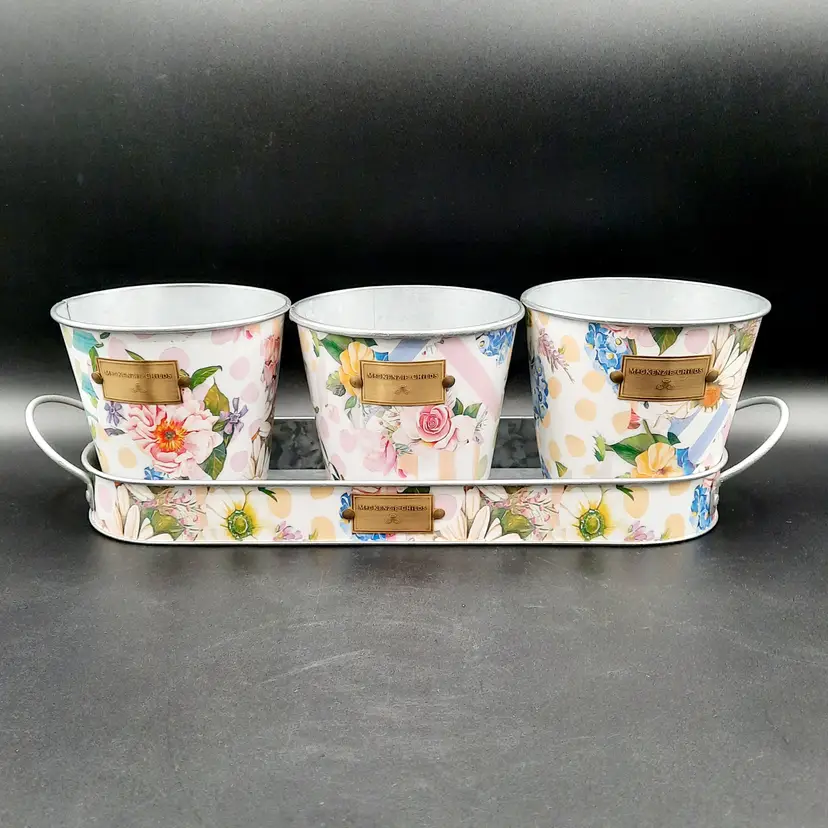 Mackenzie Childs Wildflowers Galvanized Metal Floral Herb Flower Planter Pots Set of 3 with Tray