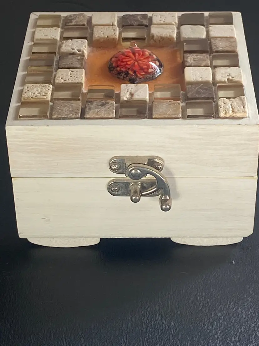 Mosaic Footed Wooden Jewelry Box w/ Mosaic Pattern & Floral Stone