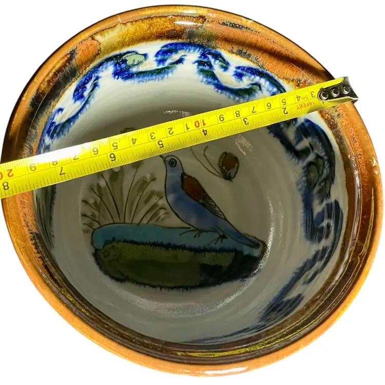 Ken Edwards Tonala Mexican Folk Art Pottery Bowl Blue Bird Butterfly 8”