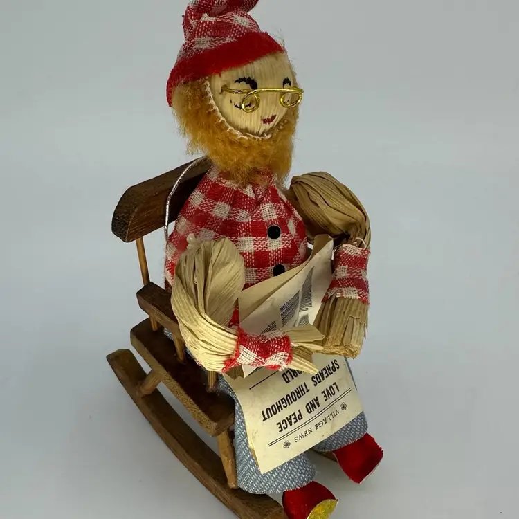 Vintage Kurt Adler Corn Husk And Wood Man In Rocking Chair Ornament