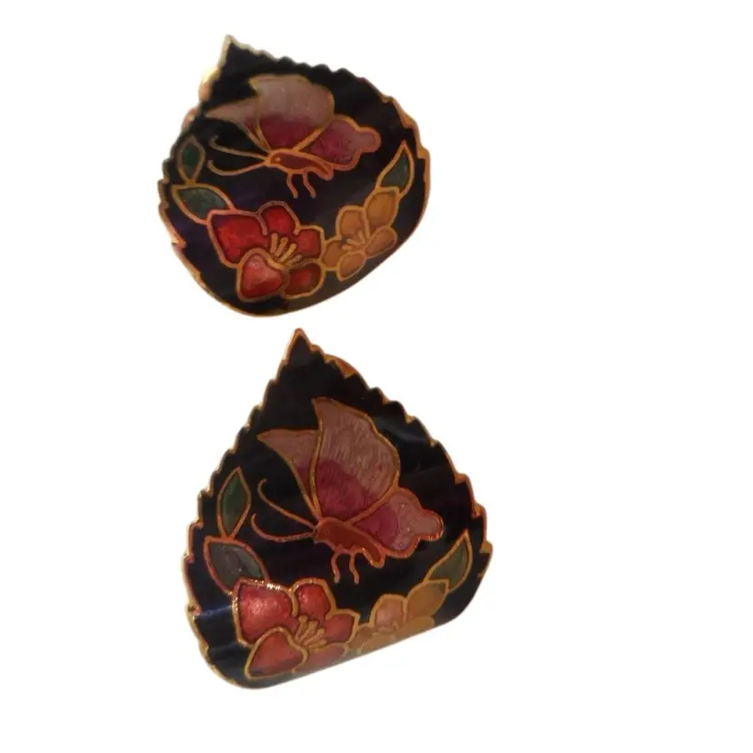 Vintage 1980s Black Pink Floral Butterfly Enamel Earrings Clip on Estate