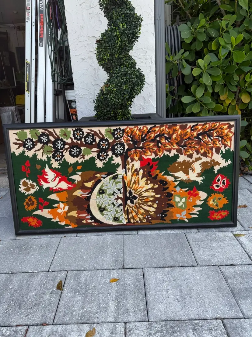 Vintage Large Wood Framed Modernist Style Needlepoint Artwork Birds,sunburst,foliage 44”