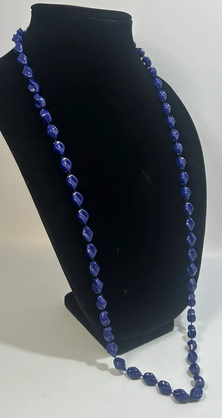Vintage Blue Twist Plastic Bead Necklace 36"