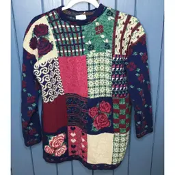 Vintage Patchwork Floral Sweater Sz Small Oversized 1990s Granny Retro Colorful