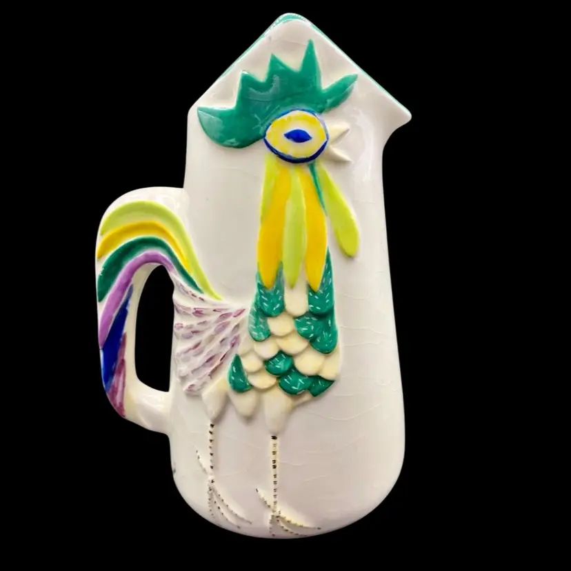 Vintage "Wilma" Colorful Ceramic Hand-Painted Chicken Pitcher With Feathers Handle