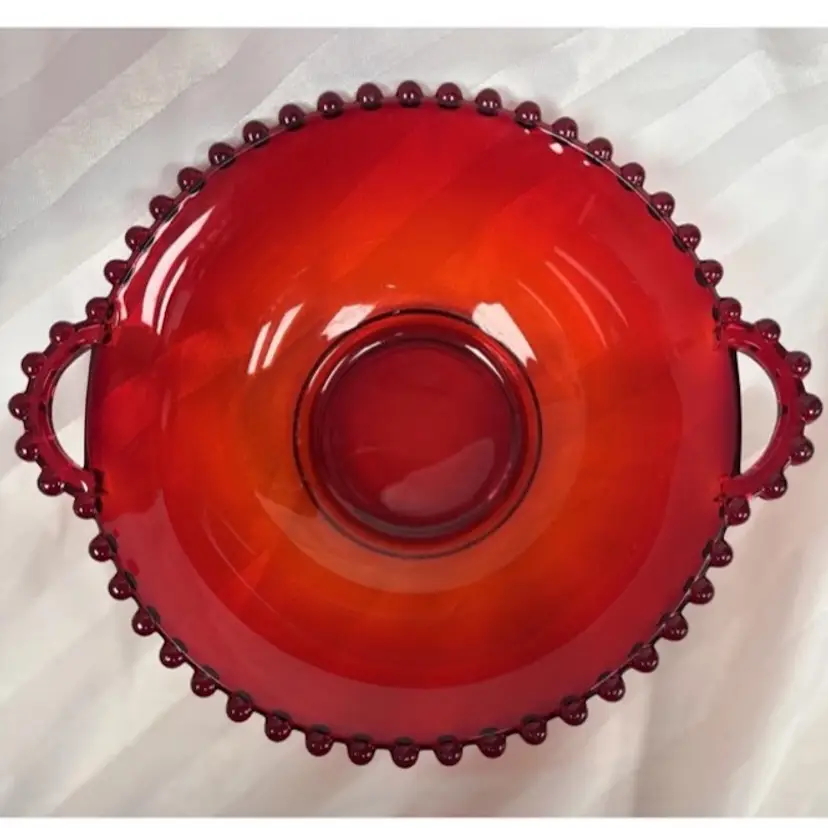 Gorgeous IMPERIAL GLASS Red 7” Handled CANDLEWICK  BOWL RARE Depression Glass, Thin Chip On Base