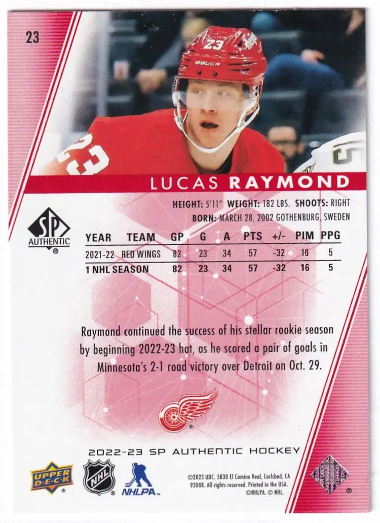 2022-23 SP Authentic Limited Red #23 Lucas Raymond Detroit Red Wings Hockey Card