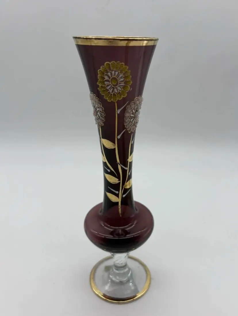 Vintage Hand Painted Japan Bohemian Glass Gilt Amethyst BUD VASE Enamel Flowers