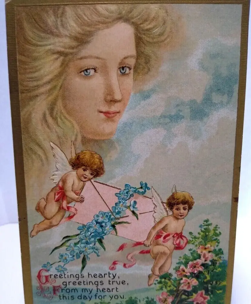 Fantasy Postcard Giant Blonde Goddess In Cloud Cherub Angels With Letter CC No57