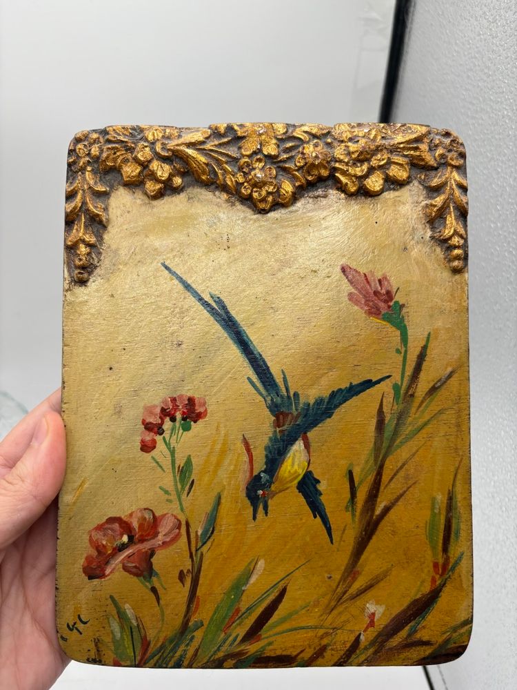 Painted Bird Flying On Wood With Ornate Gold Trim 7.5” x 5.5”