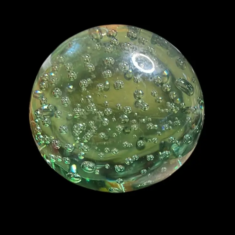 Art Glass Ball Green And Clear Paperweight  Controlled Bubbles