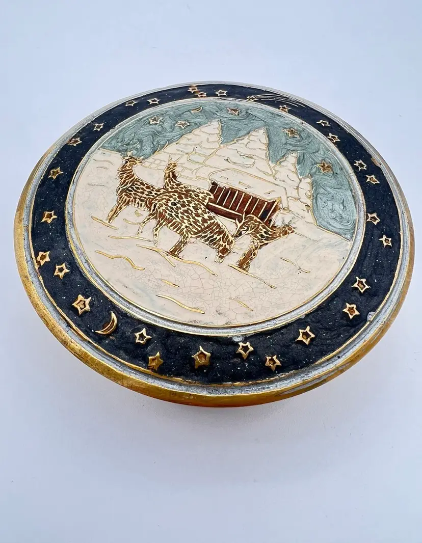 Vintage Round Brass Trinket Dish Mountains Deer Enamel Lid Cottage Core 4.75”
