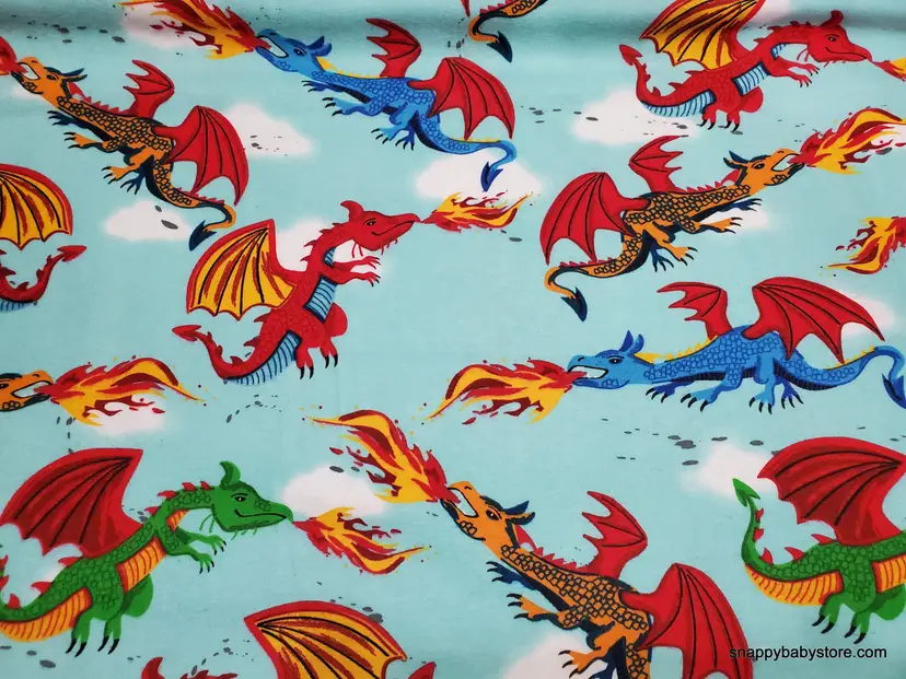 Fire Breathing Dragons in Sky Flannel Fabric Remnant - 100% Cotton - Choose Size - Soft Craft & Quilting Fabric