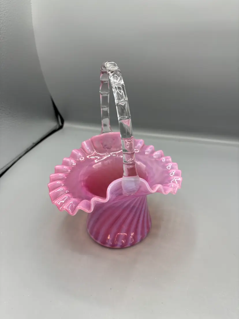 Vintage Fenton art glass Cranberry opalescent swirl basket