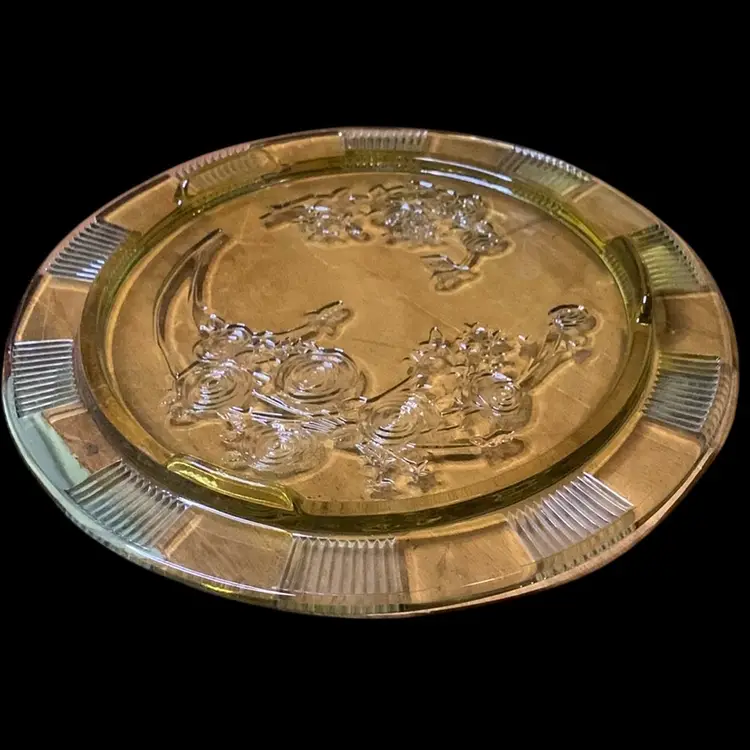 03z. Vintage Federal Glass Amber Footed Cake Plate Cabbage Rose 11.5”