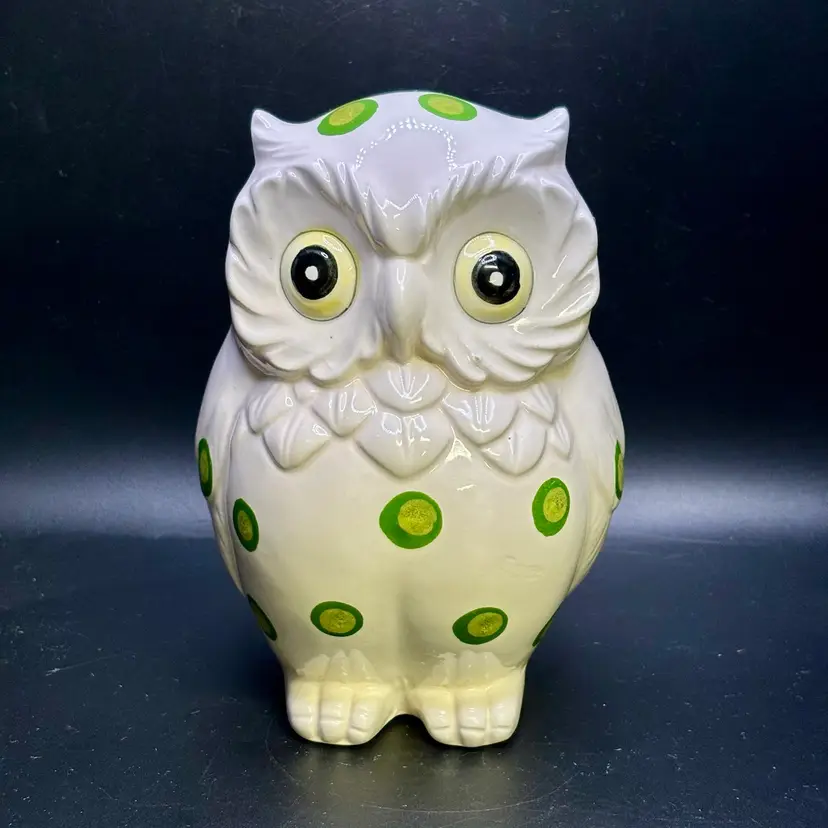 White with Green Polka Dots Owl Planter 6.5”