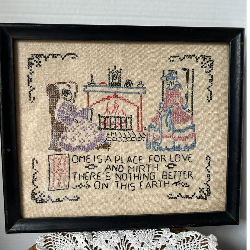 Vintage Handmade Cross Stich Framed Picture Victorian Ladies HOME…