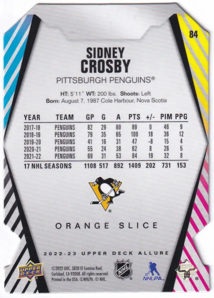 2022-23 Upper Deck Allure Orange Slice Die Cut #84 Sidney Crosby Pittsburgh Penguins Hockey Card