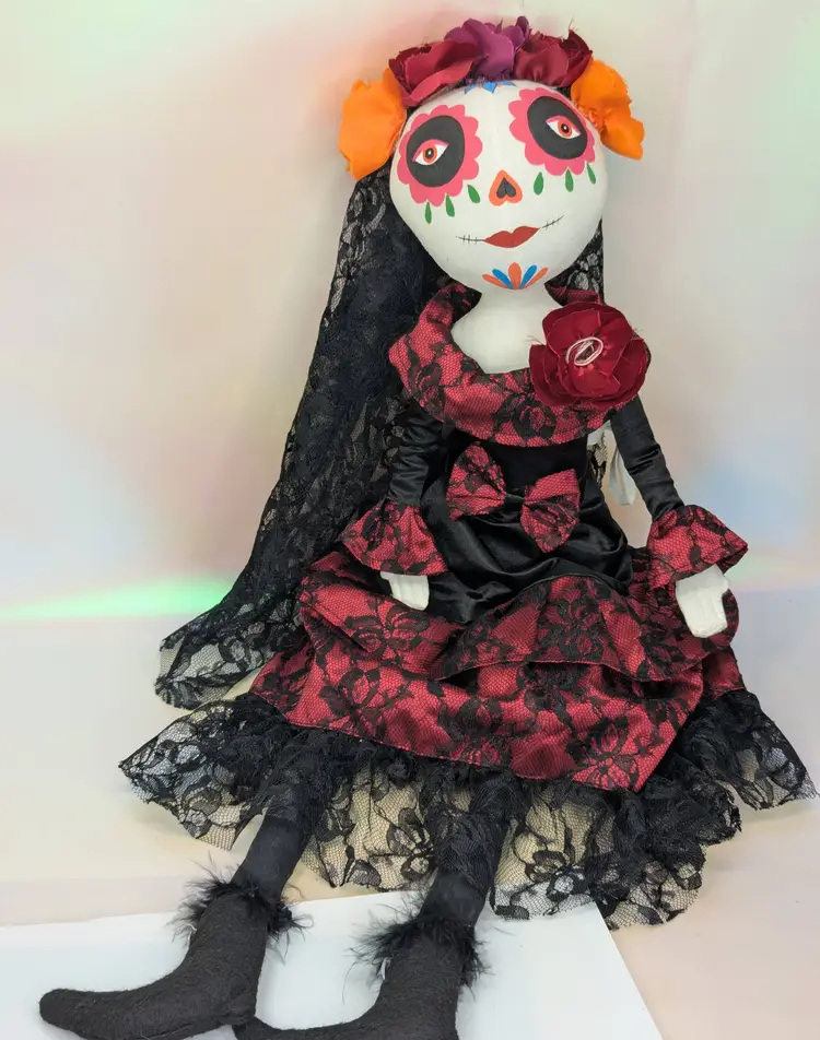 Day Of the Dead - Dia de los Muertos Cloth Doll 24in weighted Shelf Sitter Red black lace dress sugar skull catrina