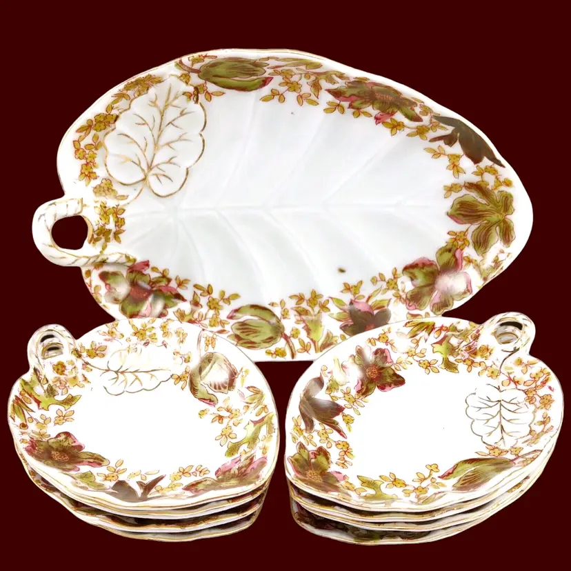 9 Marx Gutherz Carlsbad Austria, Leaf-Shaped Porcelain Nut Dishes, Antique 1890s, Made in Germany