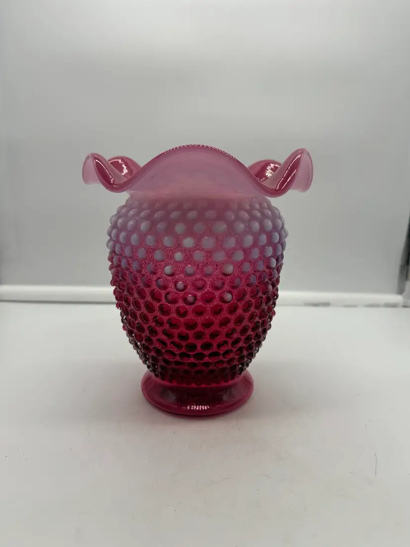 Vintage Fenton Cranberry Opalescent Hobnail Vase 7 Inch