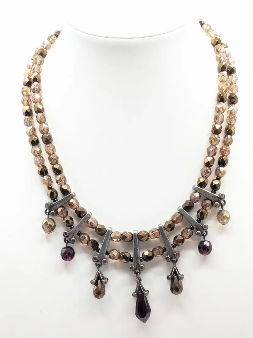 Vintage Double Strand Cognac and Red Glass Bead Necklace