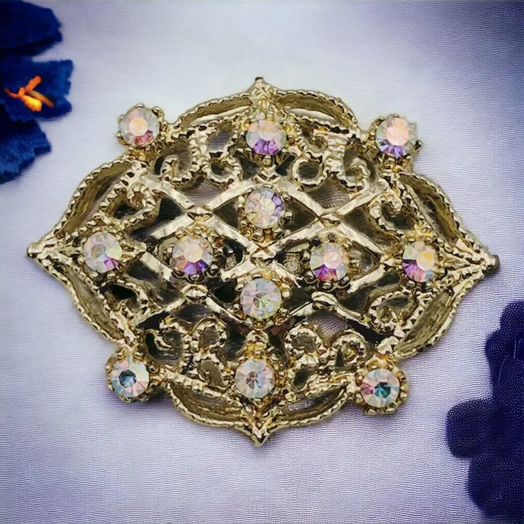 AB Aurora Borealis Gold tone Filigree Snowflake Vtg MCM Pin Brooch Estate Glam