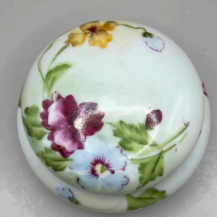 Porcelain Round Trinket Box Hand Painted Flowers 3.5”