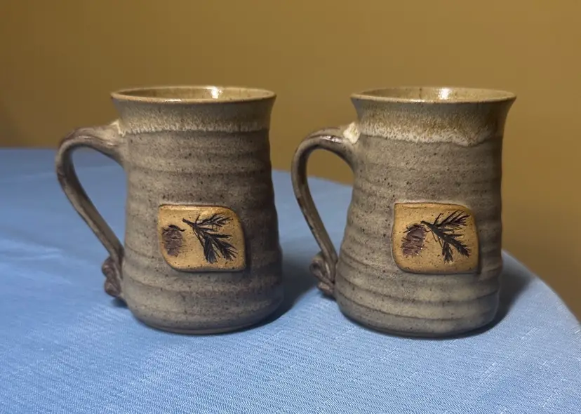 Studio Pottery Brown Mugs with Pinecone Design signed Kathy Smith