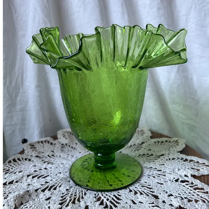 Vintage Blenko Jungle Green Crackle Glass Vase #388 Hand Blown