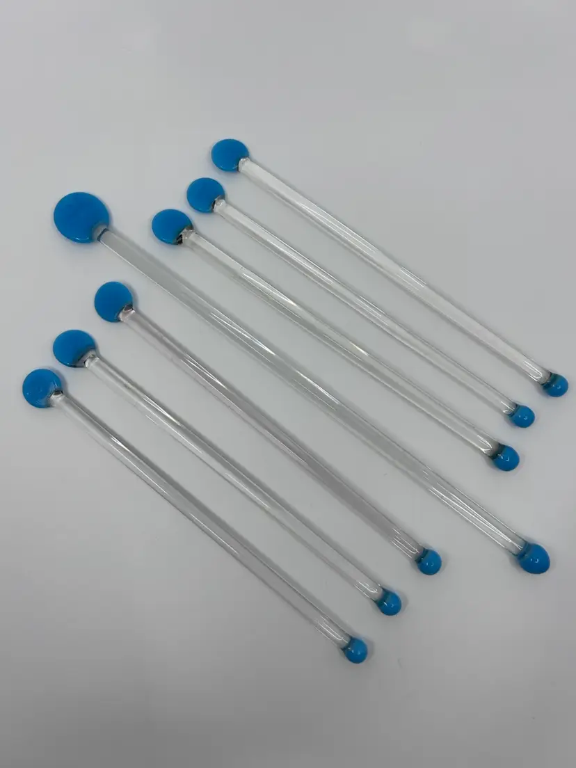 7 Clear Glass With Light Blue Ends Swizzle Stirrer Cocktail Sticks Barware
